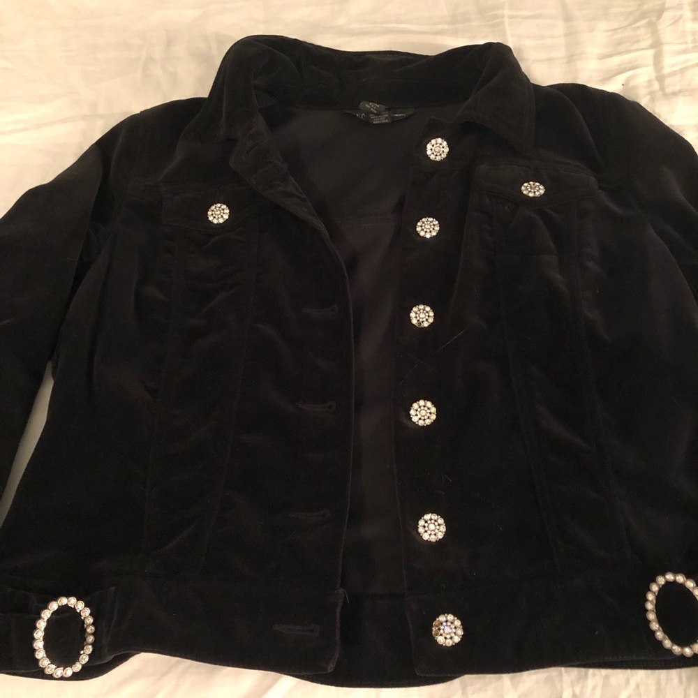 Black velvet I.n.c. Jacket with rhinestone buttons and buckle adornment